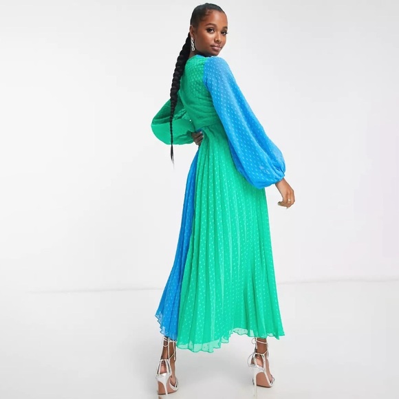 ASOS 70s maxi dress color block twist front pleated - Picture 7 of 8